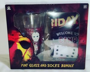 Friday The 13th,16oz Pint Glass and 3 Pair of Crew Socks Bundle Jason Voorhees